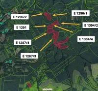 Map of agricultural and forest land around Dohňany with parcel markings.