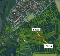Aerial view of agricultural and forest lands near Kolárovo with parcels E 9229 and E 9226.