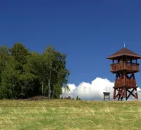 Lookout tower next to the forest on the edge of a field in the vicinity of Polina, area of agricultural and forest land.