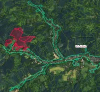 Map of agricultural and forest lands in the village of Korňa with highlighted area boundaries.