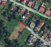 Aerial photograph of Gardens in Banská Bystrica with a prominently marked plot on Pod Stráňou Street.