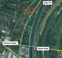 Aerial map of residential plots in Nové Mesto nad Váhom near the river and roads.