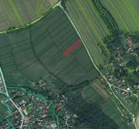 Satellite view of vast fields and settlement in the village of Podkylava, unusual properties.