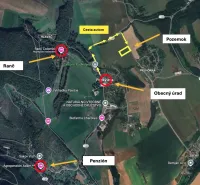 Map of the Podkylava area with the ranch, guesthouse, and municipal office marked.