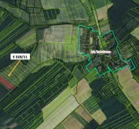 Aerial view of agricultural and forest lands near Trebušovce with parcel markings.