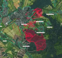 Map of agricultural and forest lands around Prievidza with clearly marked area boundaries.
