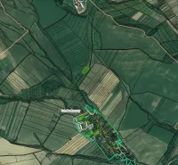 Agricultural and forest lands around Podhorany, with significant parceling and property boundaries.