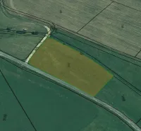 Aerial view of agricultural and forest land in Podhorany with green borders.
