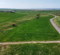 Agricultural and forest lands around Podhorany with a road and a car.