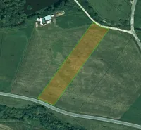 Aerial view of agricultural and forest land in Podhorany with a marked parcel.