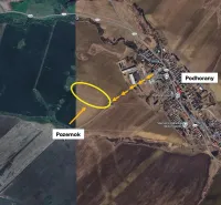 Aerial view of agricultural and forest land in Podhorany with the plot marked.