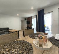 Dining table with decorations, sofa, television, and wooden decor flooring in a family house.