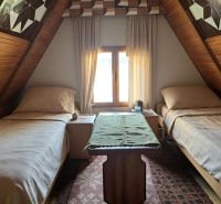 A wooden room with two beds and decorative attic details.