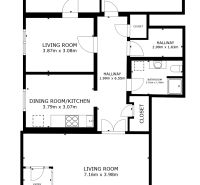 Floor plan of a family house with two bedrooms, a kitchen, and two living rooms.