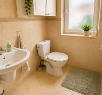 A bathroom in a family house with a sink, toilet, and light tiles.