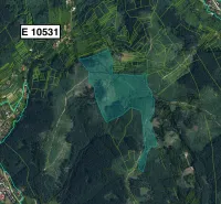 Aerial view of agricultural and forest land in Raková with highlighted parcels.
