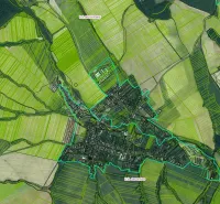 A top-down view of the cadastral area of the village of Jarovnice with distinctive properties and fields.