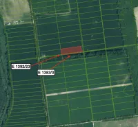 Aerial photograph of agricultural and forest lands in Vysoká pri Morave with parcels and boundaries.