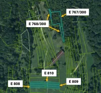 The cadastral map of Omastiná shows agricultural and forest lands with plots marked E 767/300.