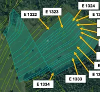 Map of agricultural and forest land in the Omastiná area with parcel numbers.