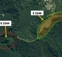 A map view of agricultural and forest land near Omastiná with marked parcels.