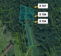 Aerial view of agricultural and forest lands near Omastiná with parcel markings.
