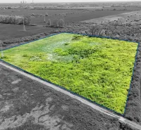 Aerial photograph of agricultural and forest land in Zemplínske Kopčany with marked boundaries.