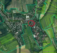 Aerial view of plots - housing in the village of Hrnčiarska Ves with marked area.