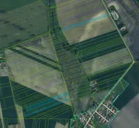Aerial view of agricultural and forest lands around Komárno.