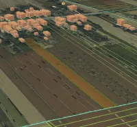 Agricultural and forest land in Lekárovce with 3D models of buildings and parcels.