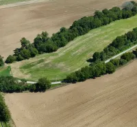 Aerial view of agricultural and forest lands around Nová Ves nad Váhom.