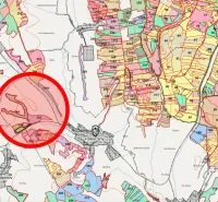 Map of agricultural and forest land around Rokycany.