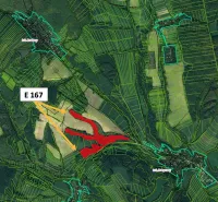 Map of agricultural and forest land around Rokycany with marked areas.