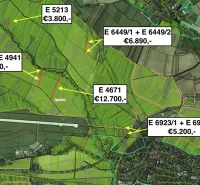 Map of agricultural and forest land in the Poprad area with listed prices.