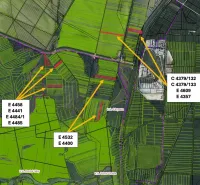 Agricultural and forest lands in Stupava with parcel numbers and marked roads.