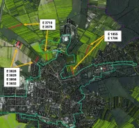 Aerial map of agricultural and forest land in Stupava with marked parcels.