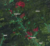 Satellite map with agricultural and forest lands around Horná Mariková.