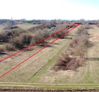 A rural plot in Štúrovo surrounded by trees, bordered by red lines, designated for gardens.