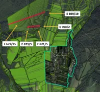 Aerial view of agricultural and forest lands around Nevidzany with marked parcels.