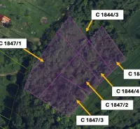 Agricultural and forest land in Kamenný Most, marked with parcel numbers.