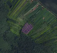 Aerial view of agricultural and forest land near Kamenný Most with marked parcels.