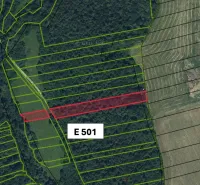 Map of agricultural and forest land near Hankovce, highlighted plot E 501.