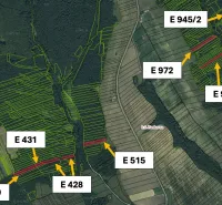 Satellite view of agricultural and forest lands around the village of Hankovce, including parcel numbers.