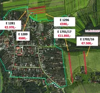 Aerial view of agricultural and forest lands in Košická Polianka with marked prices.