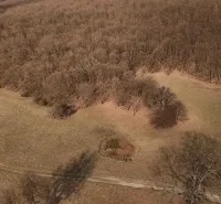 Agricultural and forest lands near Príbelce, showing wooded and meadow areas with a road.