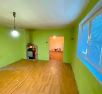 A room with a wooden floor decor and green walls in a family house.