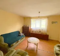 Living room in a family house with a sofa and wooden decor flooring.