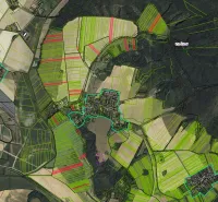 Aerial view of agricultural and forest lands around Šávoule with parcelization.
