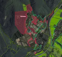 An overview of agricultural and forest land near Orovnica with delineated parcel boundaries.