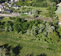 An aerial view of green gardens in Branč surrounded by trees and grassy areas.